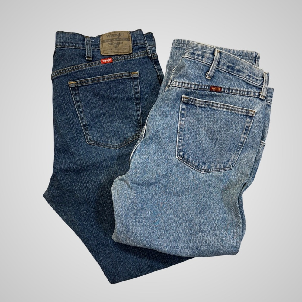 Wrangler &‎ Rustler Jeans Bundle Mens 38x30 Blue Work Pants Straight Leg Denim
